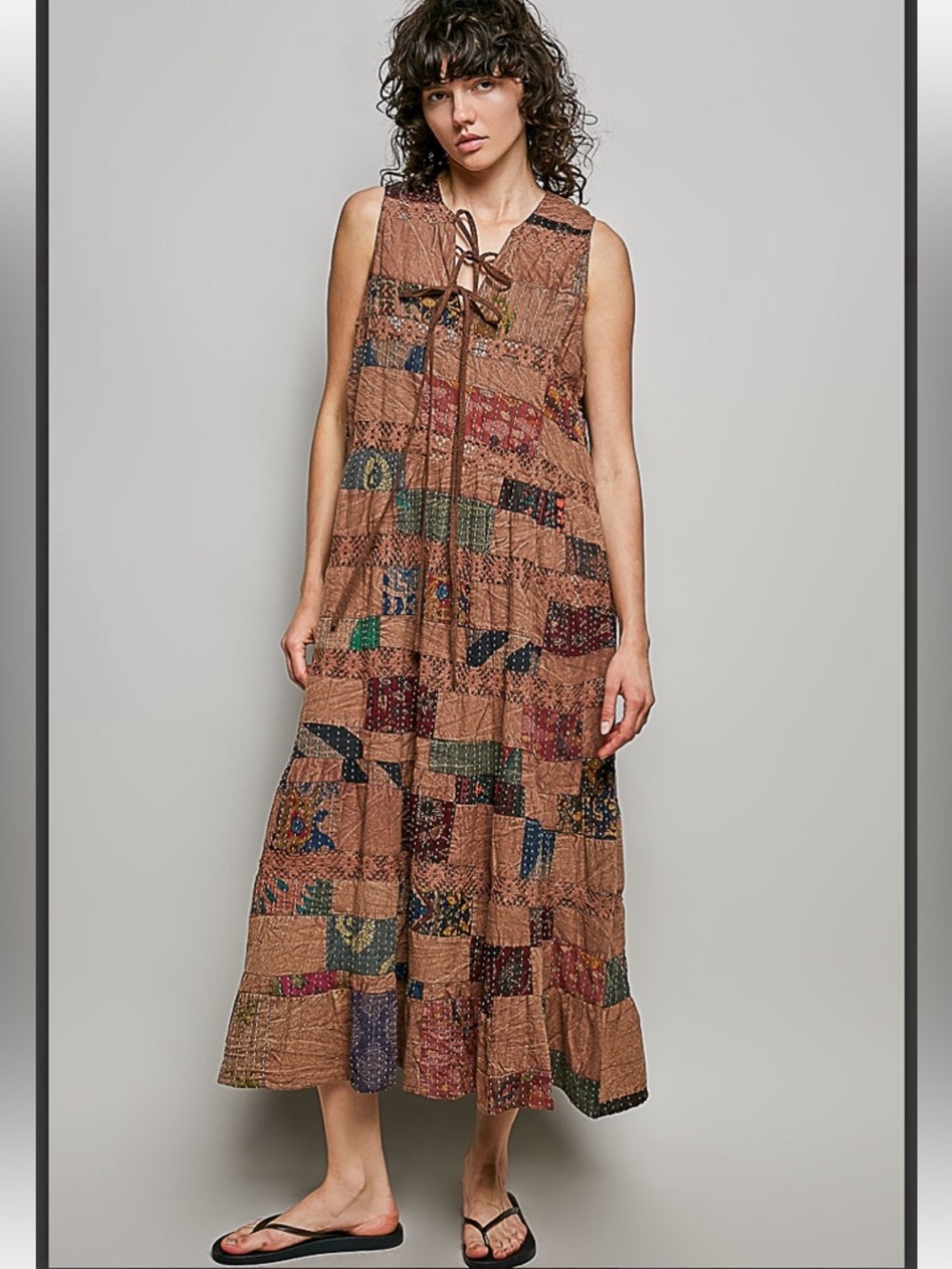POL Patchwork Maxi Dress in Brown with Multicolor Accents, stitching